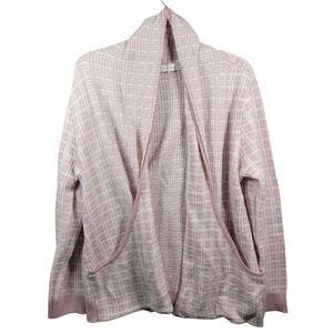 Verve Ami Plaid Open Front Cardigan‎ Sweater Pink White Pockets Women's Medium